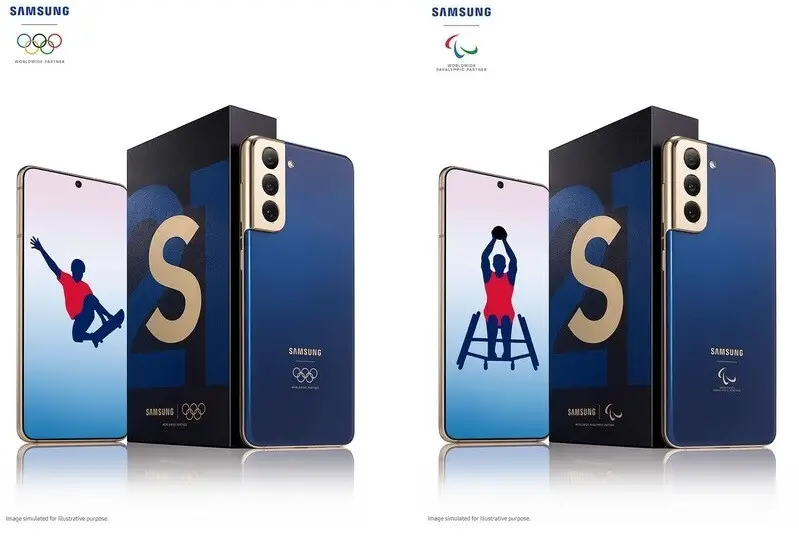À gauche, le Galaxy S21 5G olympique en édition limitée avec le modèle paralympique à droite - Samsung offre gratuitement des modèles en édition limitée du Galaxy S21 5G aux participants olympiques et paralympiques