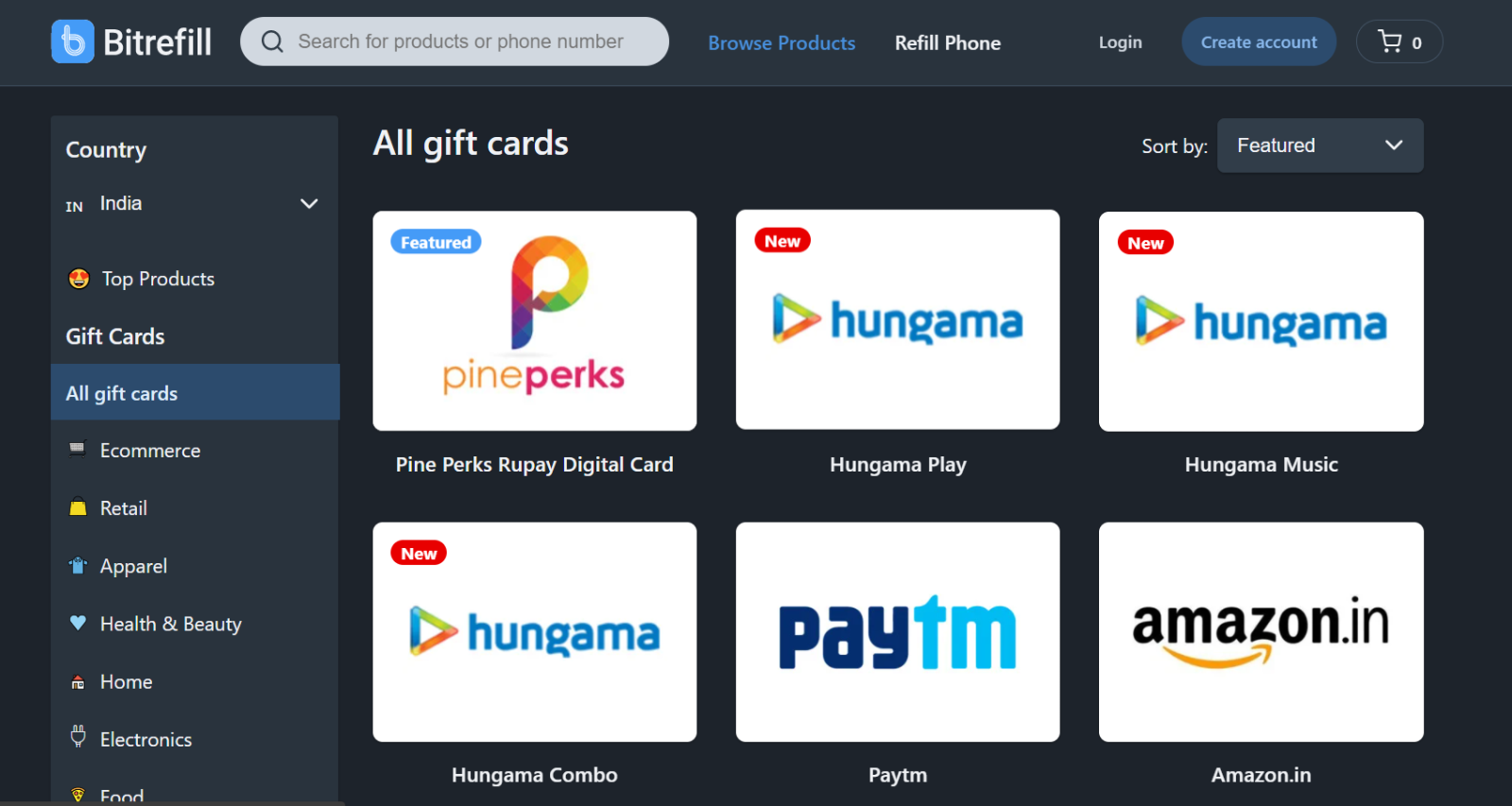 Achetez des cartes-cadeaux en Inde en utilisant Bitcoin Crypto
