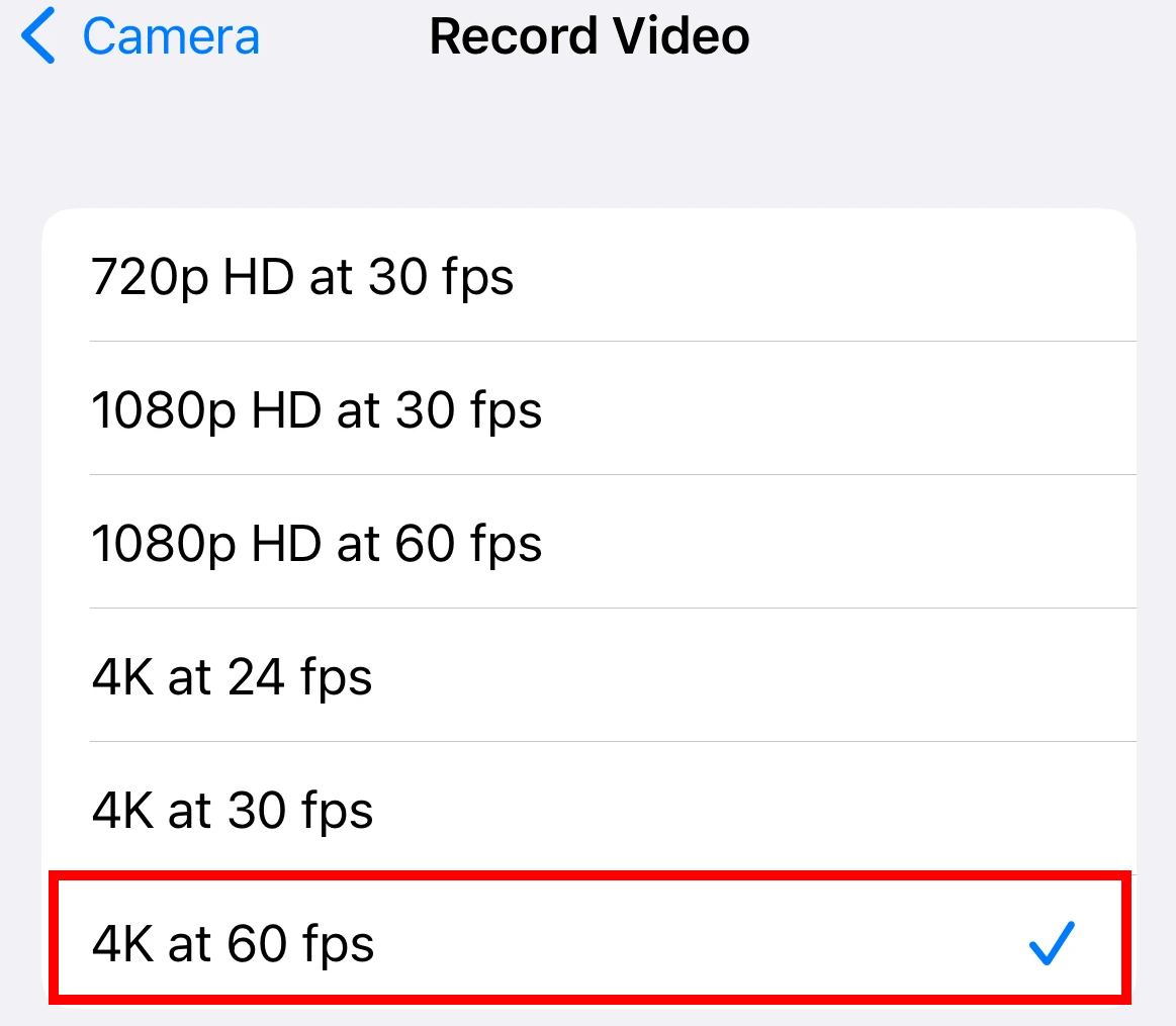 Enregistrement vidéo par défaut Apple iPhone à 4K 60fps