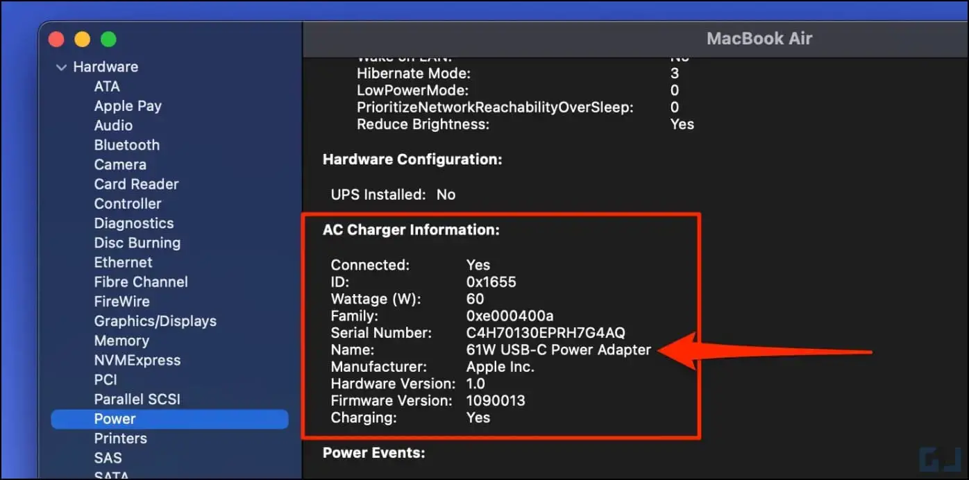 Vérifiez la puissance de la vitesse de charge du MacBook