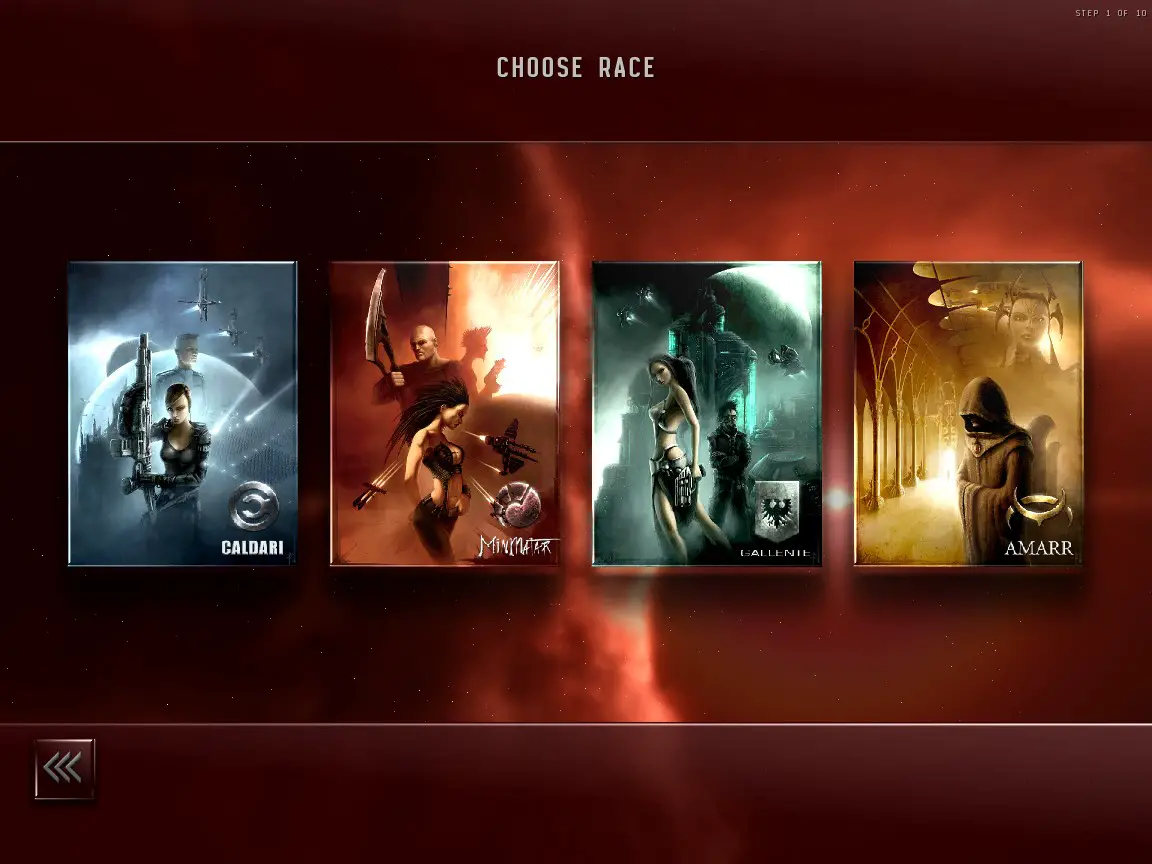 Capture d'écran montrant quatre races jouables dans Eve Online