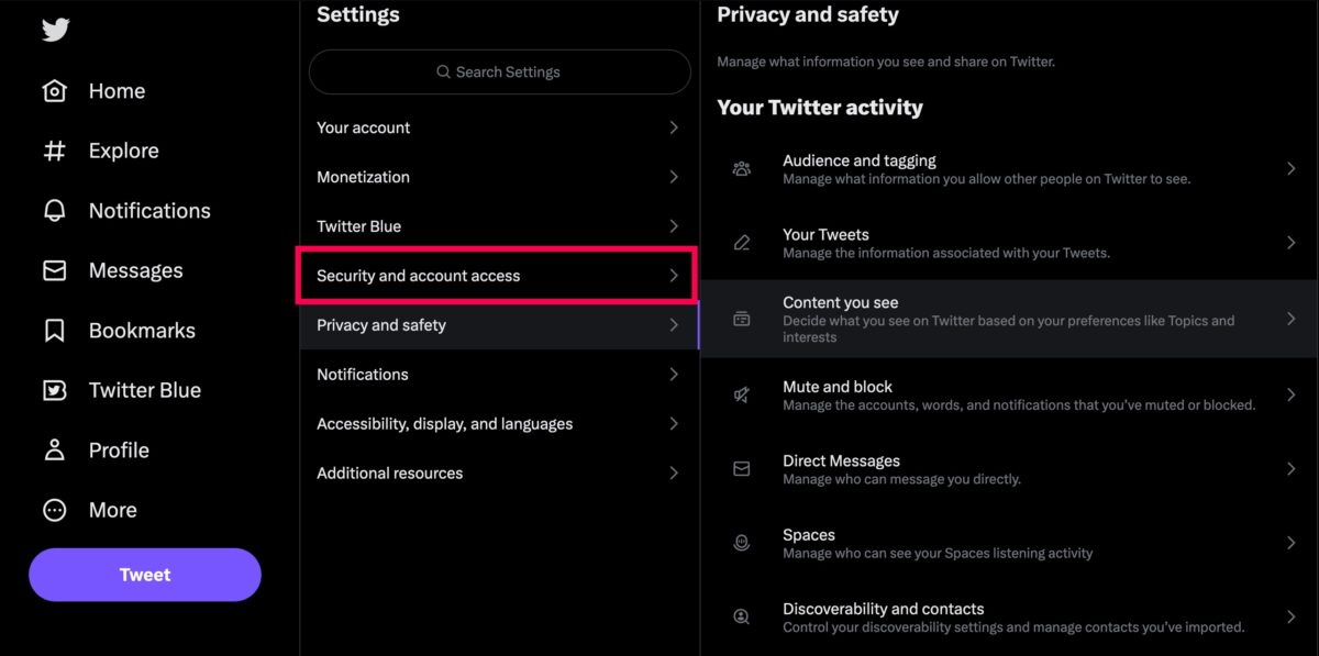 Web du menu des paramètres de compte Twitter sécurisé