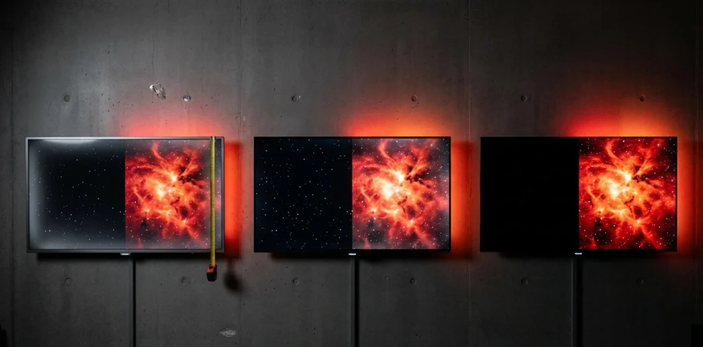 comparaison technologie dalle tv philips lcd avec backlight bleed, mini led avec blooming, oled avec noirs absolus et ambilight actif