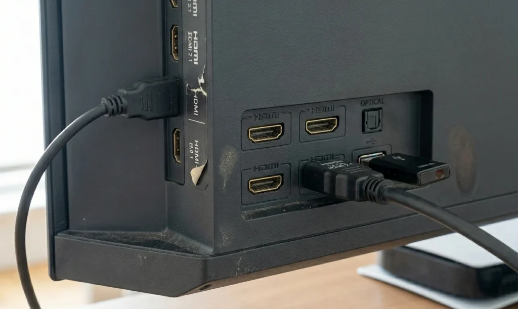 connectique arrière tv philips ambilight 4 ports hdmi 2.1 dont deux branchés ps5, port usb et sortie optique en gros plan