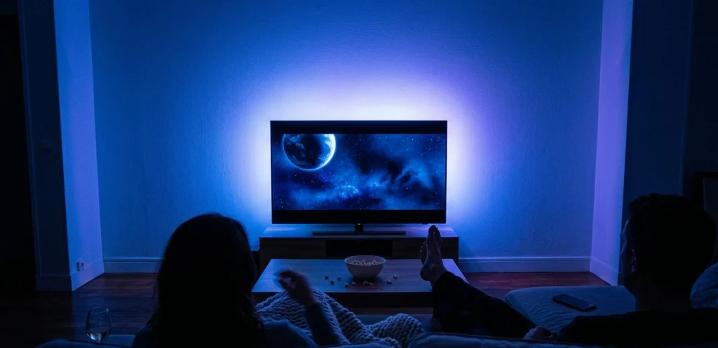 deux personnes regardent un film de science fiction la nuit avec lambilight philips projetant un halo bleu et violet sur les murs du salon