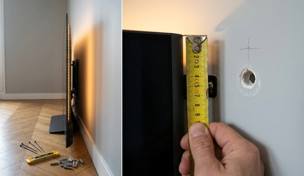 installation murale tv philips ambilight mesure de lespace de 18 cm entre le dos du téléviseur et le mur avec mètre ruban, halo ambilight visible dans linterstice