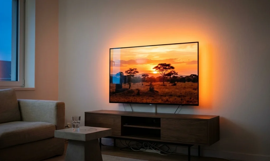 meilleure tv philips ambilight 2026 téléviseur oled 65 pouces dans un salon moderne avec halo orange projeté sur le mur