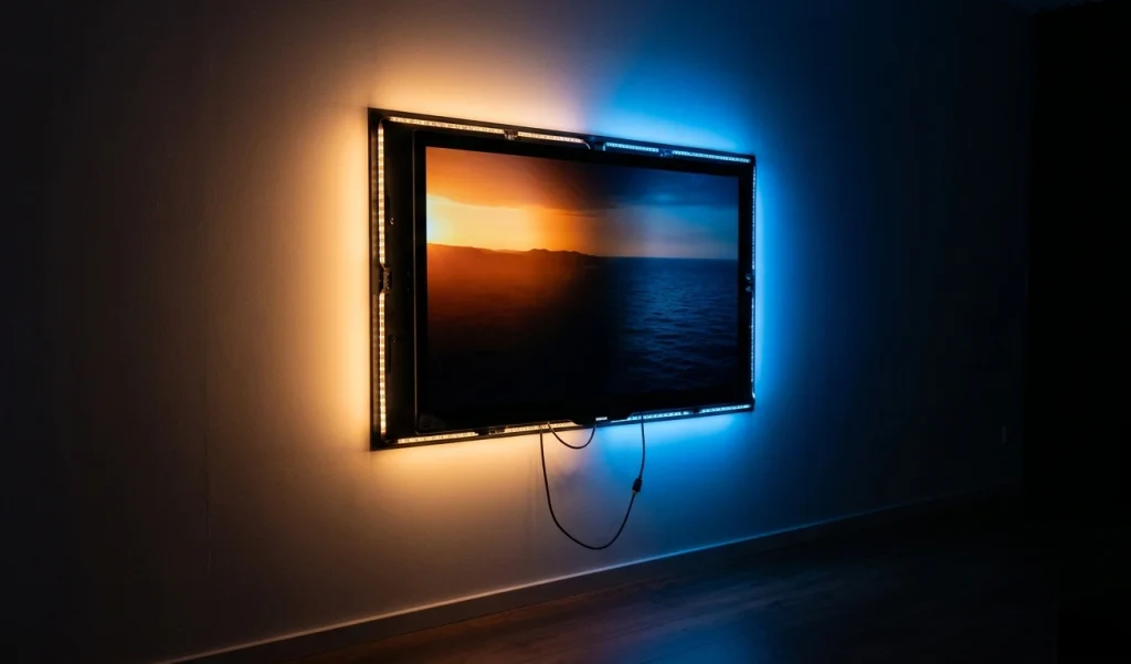 technologie ambilight philips en fonctionnement halo lumineux orange et bleu projeté sur le mur derrière un téléviseur oled 65 pouces