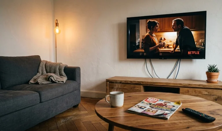 téléviseur 4k 55 pouces allumé dans un salon familial français en soirée meuble tv en chêne canapé