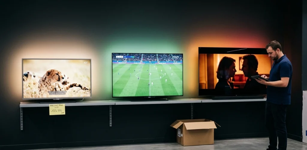 trois gammes de tv philips ambilight en magasin 43 pouces lcd entrée de gamme, 55 pouces oled milieu de gamme et 65 pouces oled premium avec ambilight actif