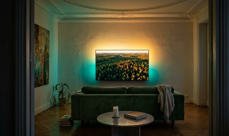 tv philips ambilight oled 65 pouces dans un salon français la nuit avec halo lumineux coloré projeté sur les murs et le plafond