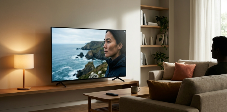 avis tv xiaomi un homme regarde une page de test et d avis sur un téléviseur xiaomi dans son salon