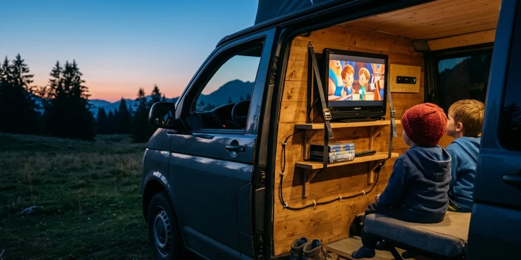 deux enfants regardant un dessin animé sur un téléviseur portable 19 pouces fixé dans un van aménagé, câble 12v accroché avec des clips, paysage de montagne visible au crépuscule par la porte