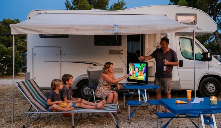 famille française en camping provençal le soir, télévision portable 22 pouces sur table pliante sous lauvent du camping car, enfants sur transats regardant un dessin animé