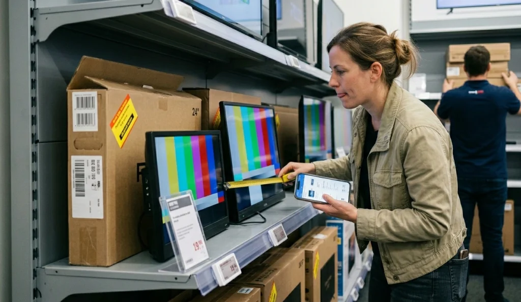 femme dans un magasin délectronique mesurant la différence de taille entre deux télévisions portables avec un mètre ruban, smartphone avec comparateur de specs dvb t2 en main