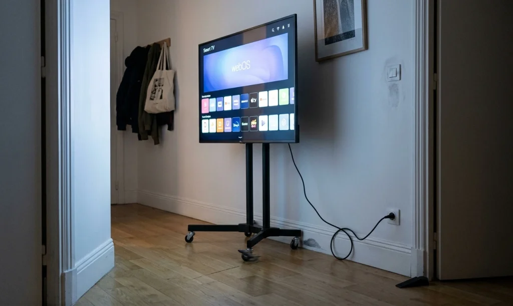 lg stanbyme 2 sur son pied à roulettes dans un couloir dappartement