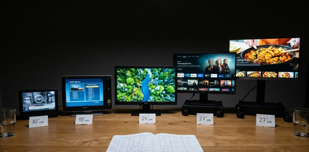 lg stanbyme 2 sur son pied à roulettes dans un couloir dappartement français la nuit, écran webos allumé éclairant le couloir, câble branché à la prise murale