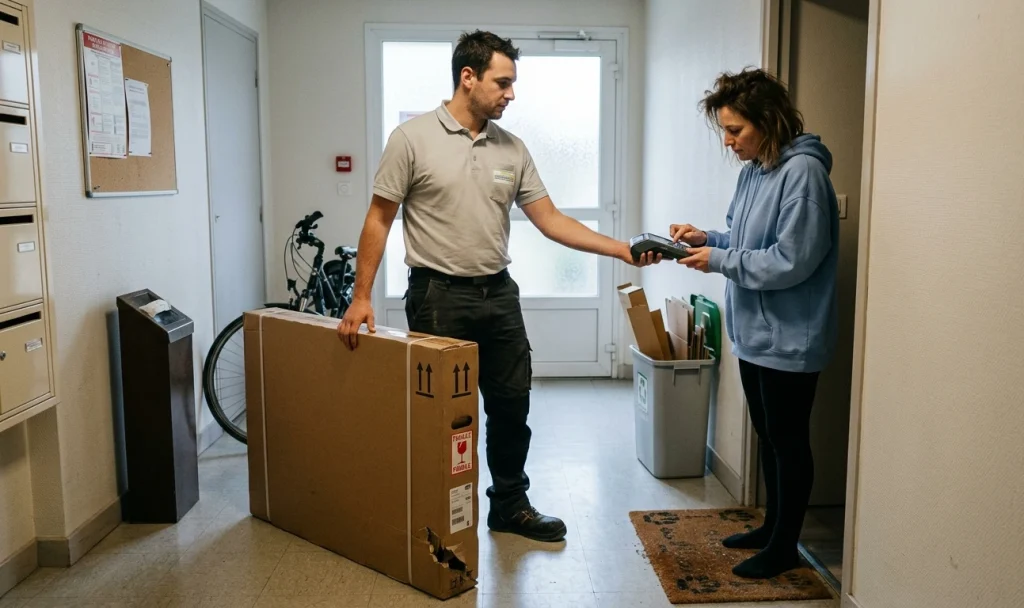 livreur en uniforme déposant un grand carton demballage téléviseur smart tech devant une porte dappartement, le destinataire signe le bon de livraison sur une tablette