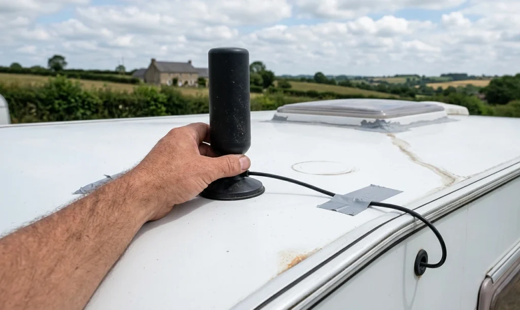 main masculine orientant une antenne tnt portable sur le toit dune caravane en campagne française, câble coaxial tapé avec du duct tape, paysage vallonné en arrière plan