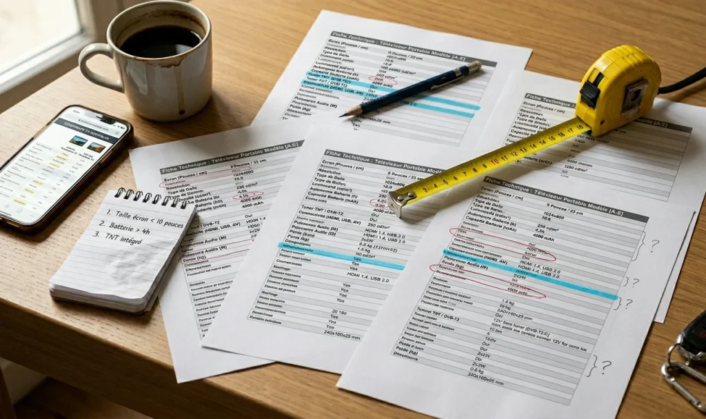 personne consultant plusieurs fiches techniques de télévisions portables imprimées sur papier étalées sur une table, avec un mètre ruban, un stylo et des cercles rouges sur les specs