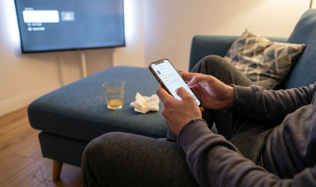 personne laissant un avis sur son téléviseur smart tech depuis un smartphone assise sur un canapé a