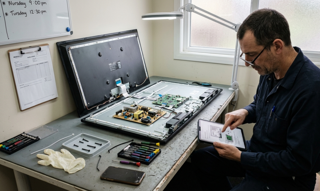 technicien sav en train de consulter la documentation technique d un téléviseur smart tech sur une t