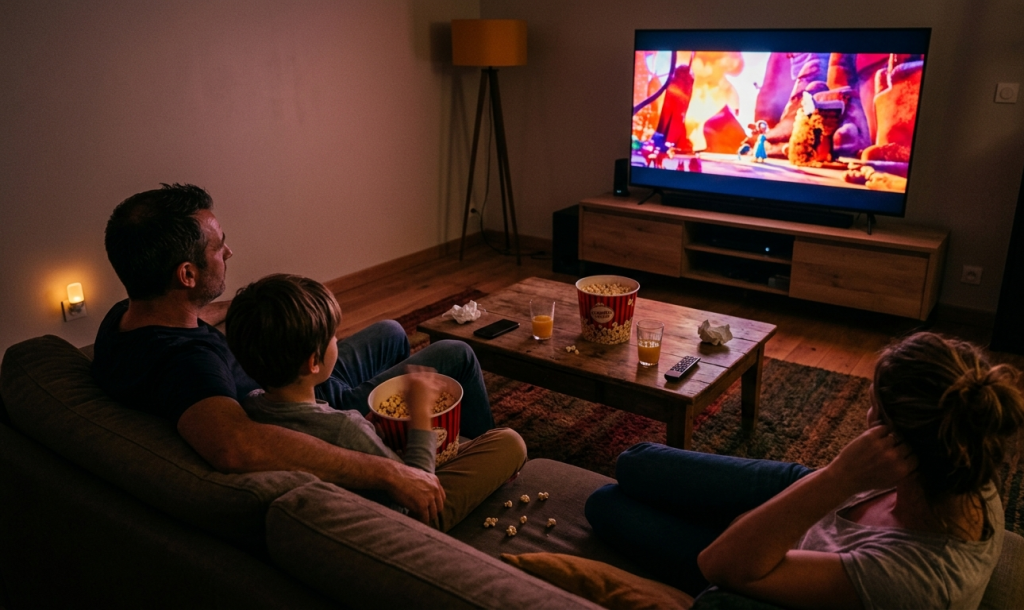téléviseur smart tech qled 4k 43 pouces allumé dans un salon moderne en soirée avec interface
