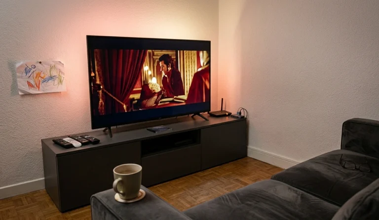 téléviseur smart tech qled 4k 50 pouces dans un salon familial