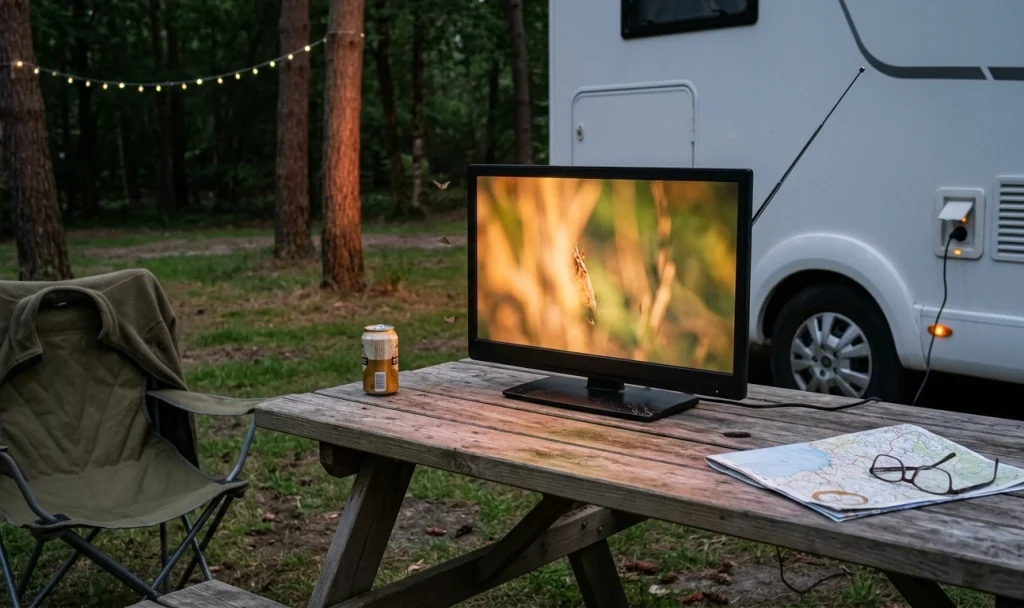 télévision portable 24 pouces allumée sur une table de camping en bois avec câble allume cigare branché sur un camping car en arrière plan, soirée en forêt