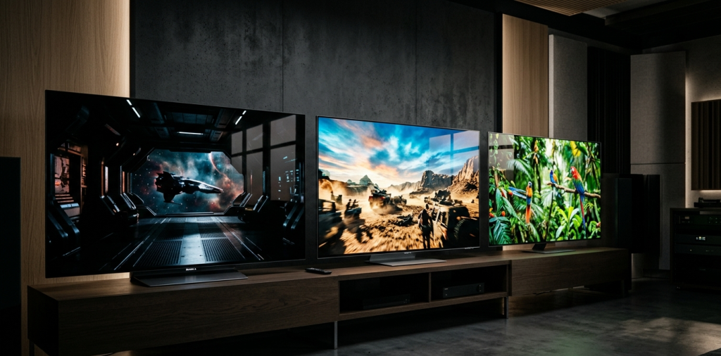 trois téléviseurs xiaomi premium dans un studio minimaliste.