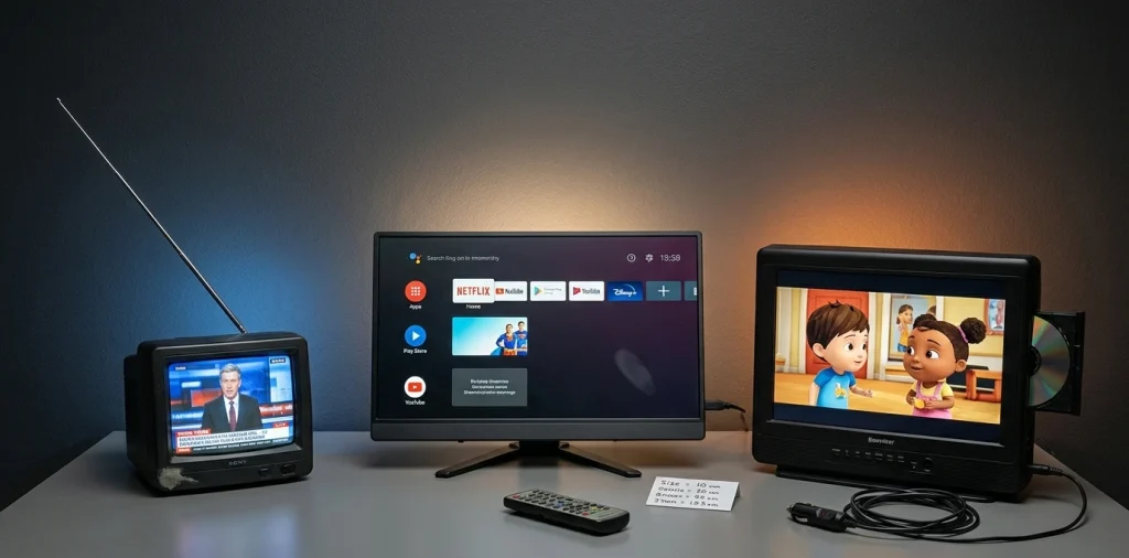 trois types de télévisions portables allumées côte à côte mini tv 10 pouces avec antenne télescopique, moniteur portable 24 pouces sur pied et téléviseur 19 pouces avec lecteur dvd ouvert