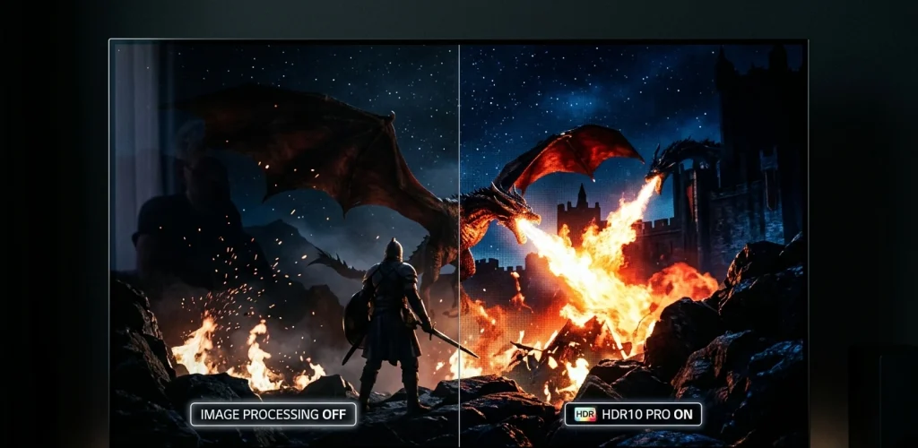 un gros plan dun téléviseur 4k hdr xiaomi dans une pièce sombre, montrant un écran partagé en deux. le côté gauche, intitulé image processing off