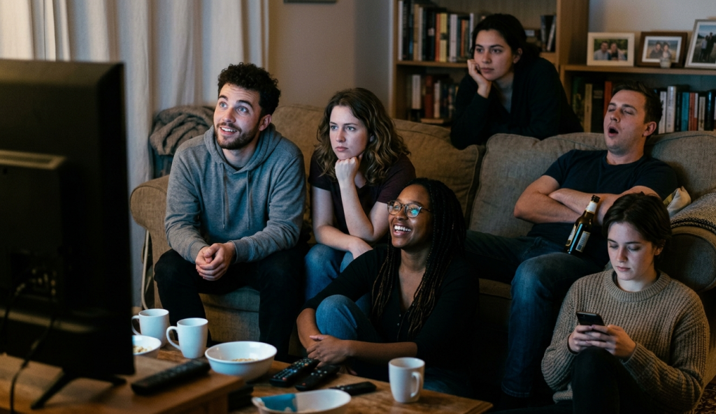 un groupe de six amis réunis dans un salon confortable devant un grand téléviseur xiaomi
