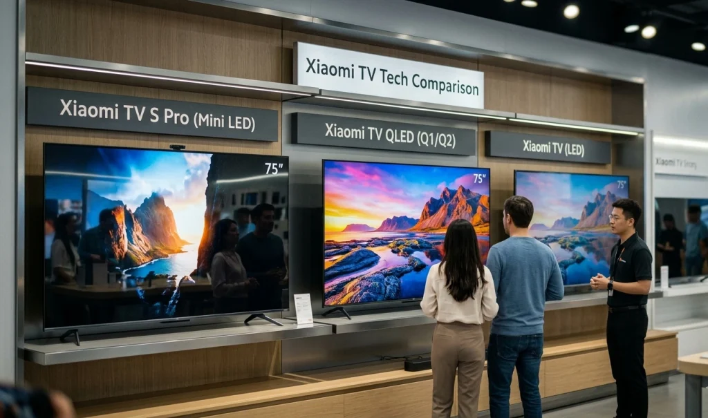 un vendeur présente à deux clients une comparaison de téléviseurs de 75 pouces mini led, qled et led dans un showroom xiaomi