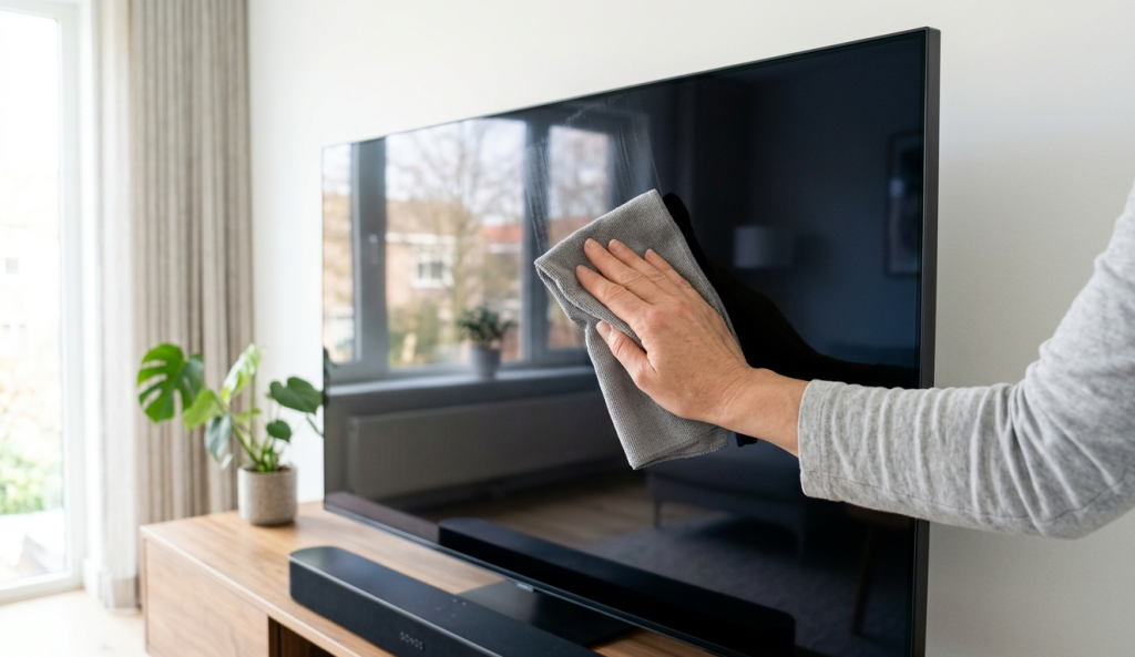 une personne nettoie l écran d une grande télévision connectée xiaomi à l aide d un chiffon en micro