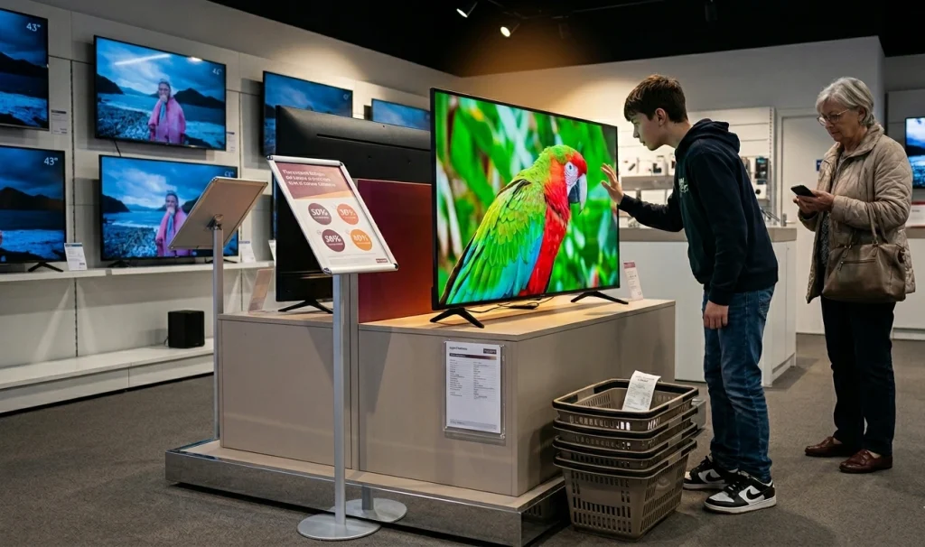 vitrine promotionnelle dune enseigne délectroménager avec un téléviseur smart tech qled 4k 43 pouces mis en avant avec une étiquette de prix visible et des affichages de promotion