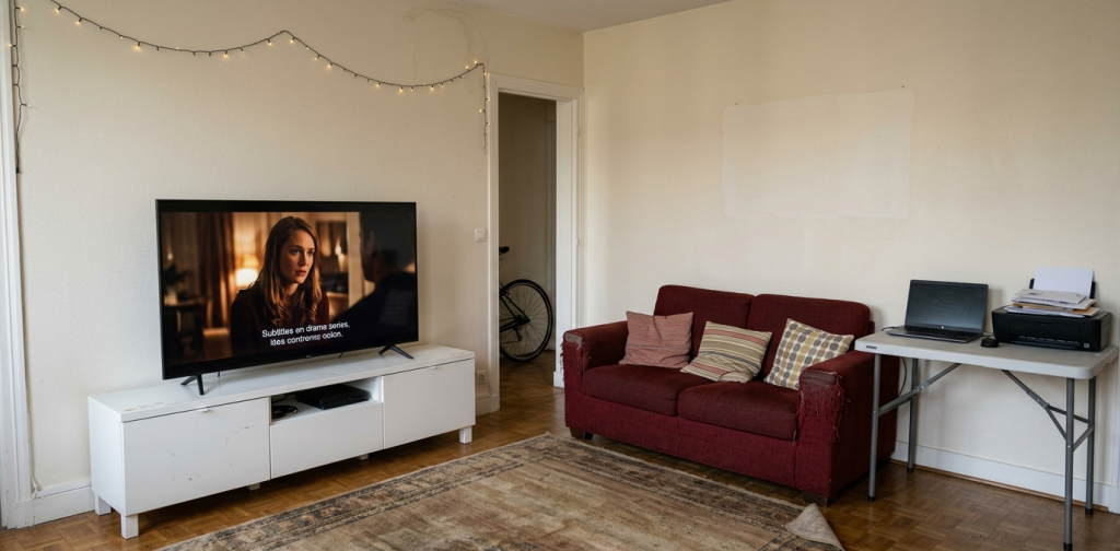 vue d ensemble d un salon modeste avec un grand téléviseur smart tech 4k allumé sur un contenu netfl